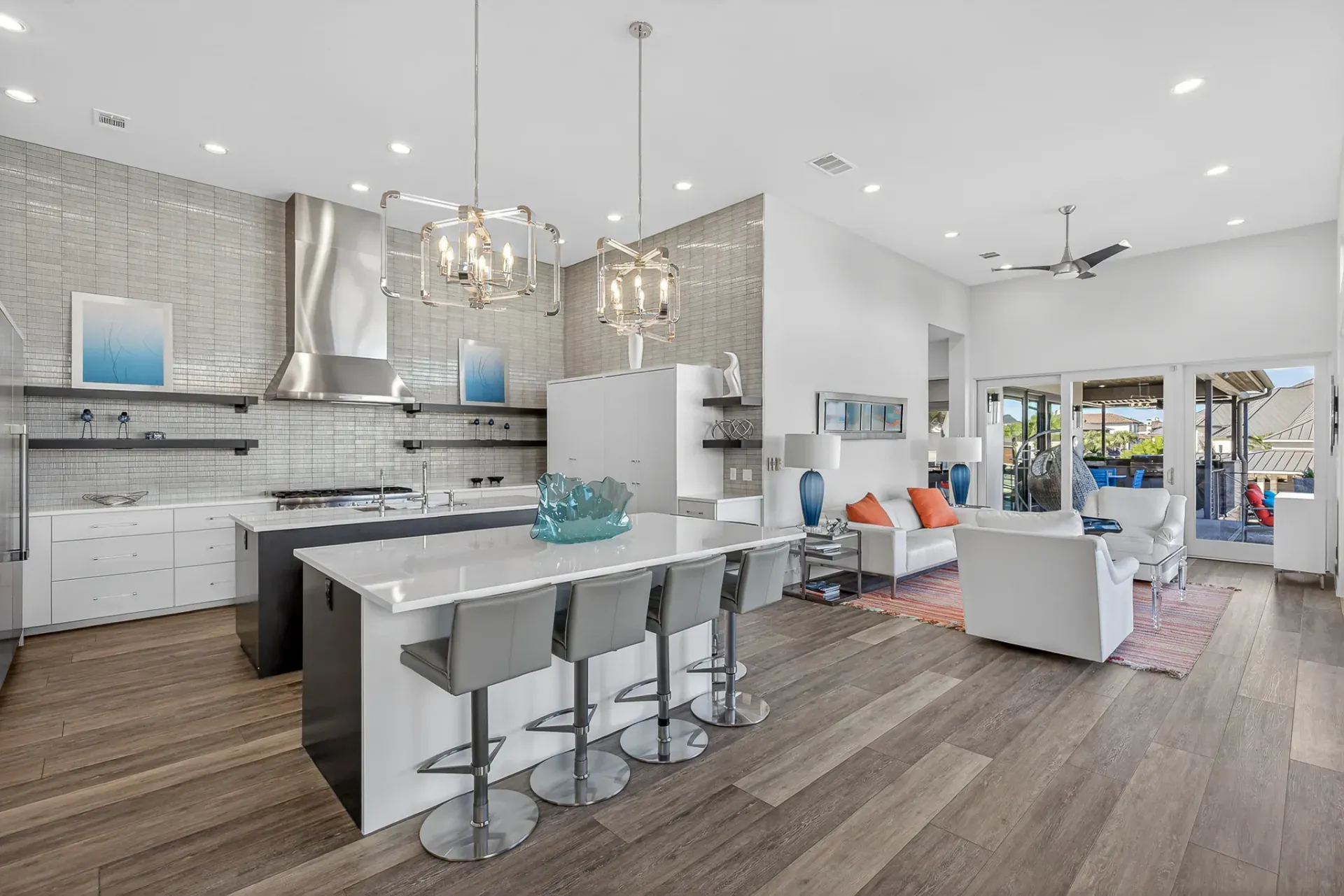Gourmet kitchen with island and pendant lighting
